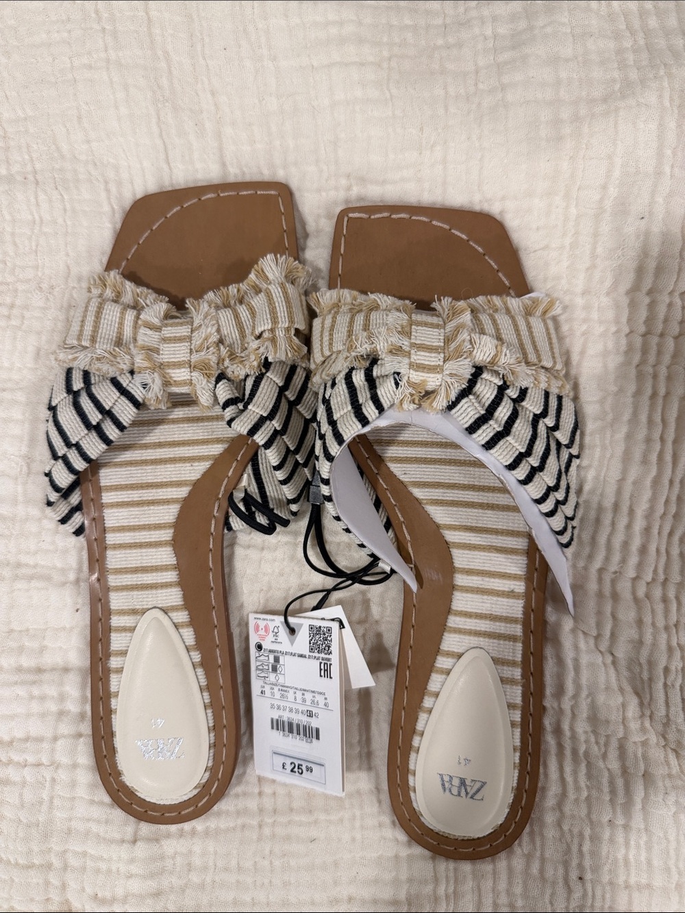 ZARA Striped Knot Slide Sandals in Beige and Black